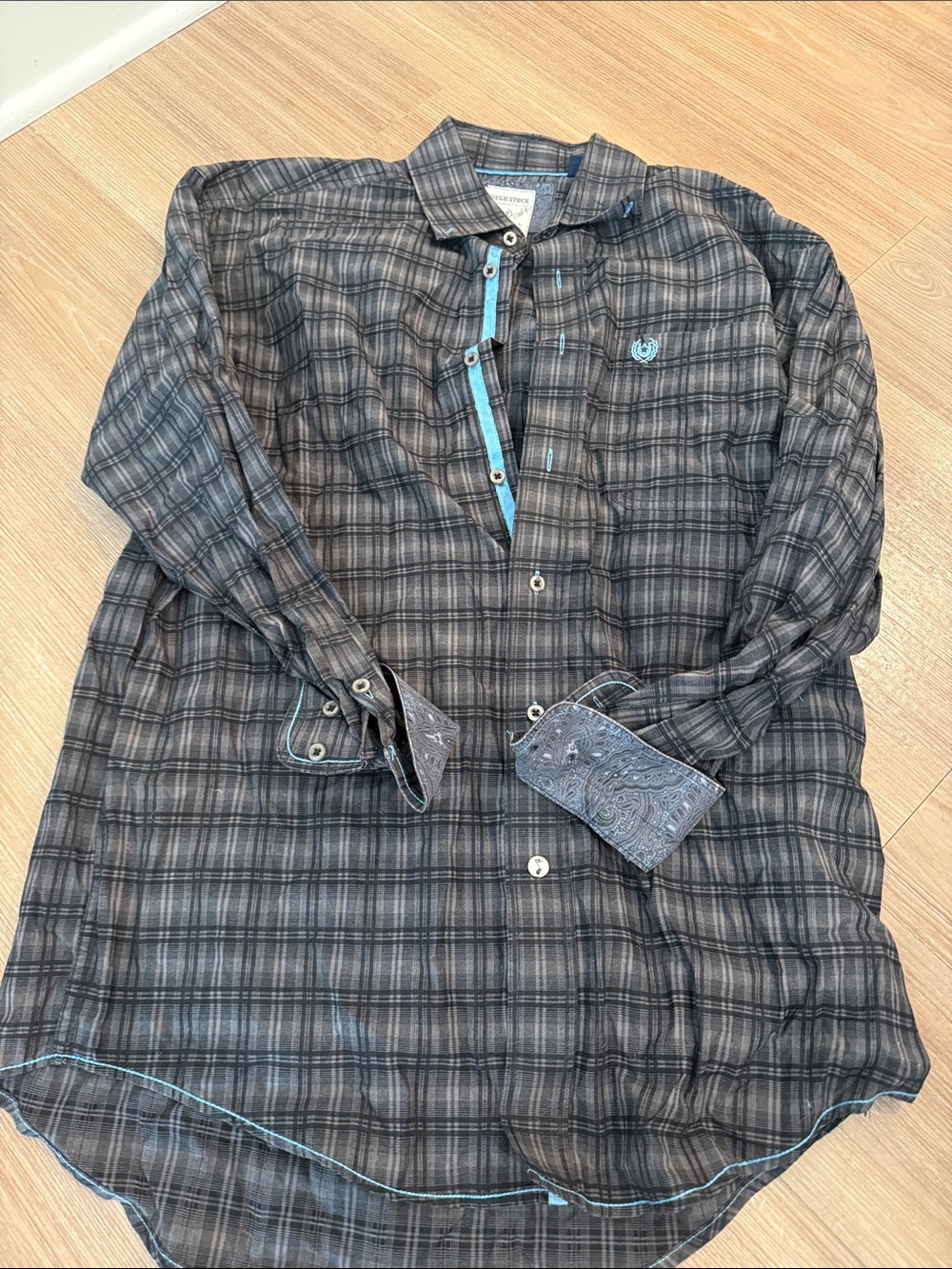 Panhandle Slim Grey Plaid Button-Down Shirt with Teal Trim
